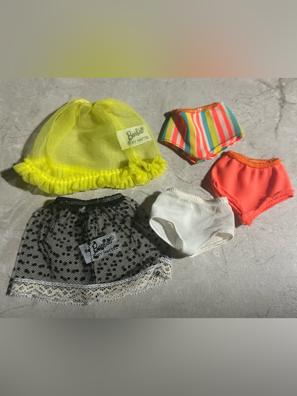 1960’s & 1970’s Mattel Barbie black & yellow mesh slips petticoats & underwear
